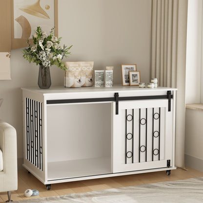 HouseOfZazla white dog crate with sliding barn door, lockable wheels and black metal accents on Tampa Home & Garden Store