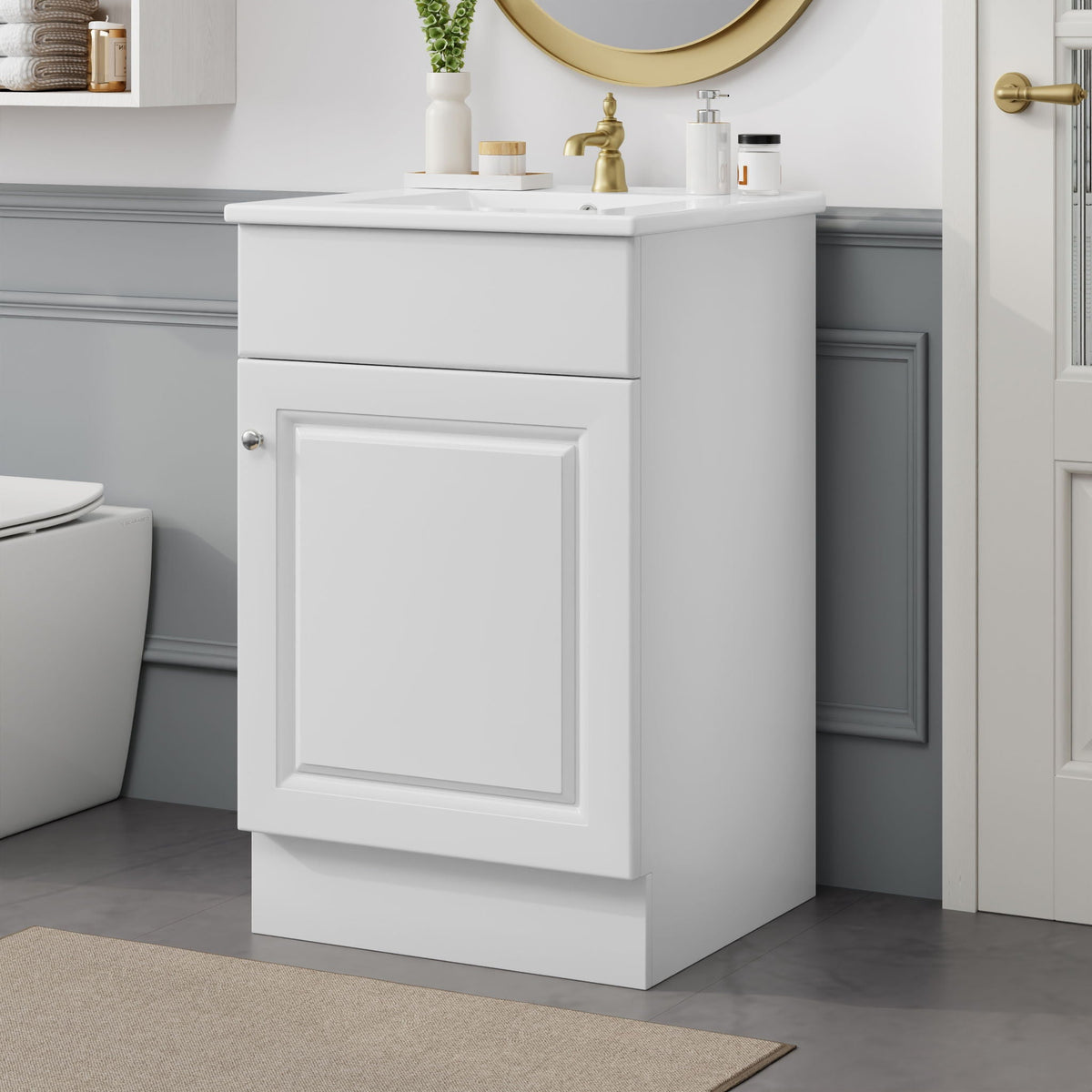 White vanity with sink and brass faucet, two-drawer cabinet by HouseOfZazla in colors on Tampa Home & Garden Store