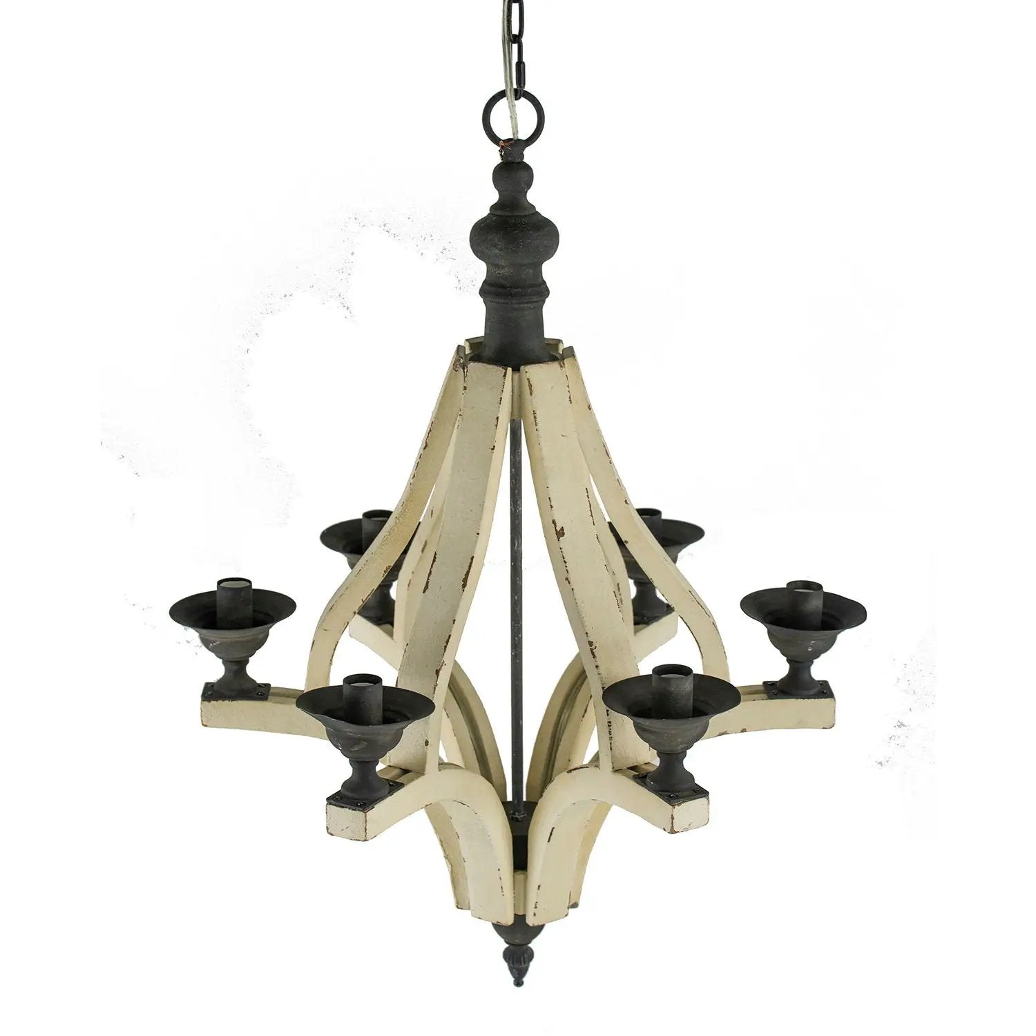 6-Light Cream Wood Chandelier with distressed finish, adjustable chain, black metal accents on Tampa Home & Garden Store