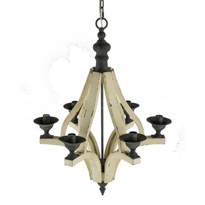 6-Light Cream Wood Chandelier with distressed finish, adjustable chain, black metal accents on Tampa Home & Garden Store