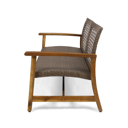 Hampton Outdoor Acacia Wood Wicker Loveseat by HouseOfZazla, brown woven seat and arms on Tampa Home & Garden Store