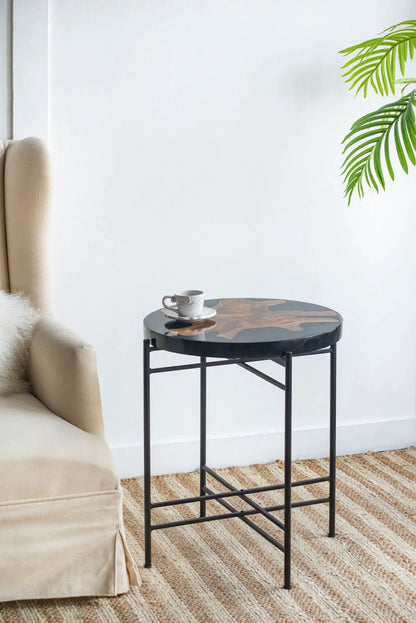 Side Table Black/Brown with round wood top and black metal legs by Unique Piece Furniture on Tampa Home & Garden Store
