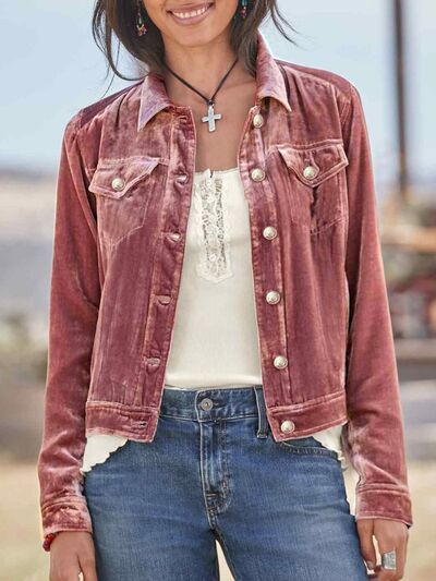Casual Button-Up Long Sleeve Trucker Jacket in rose with chest pockets, relaxed fit by Stevvex on Tampa Home & Garden Store
