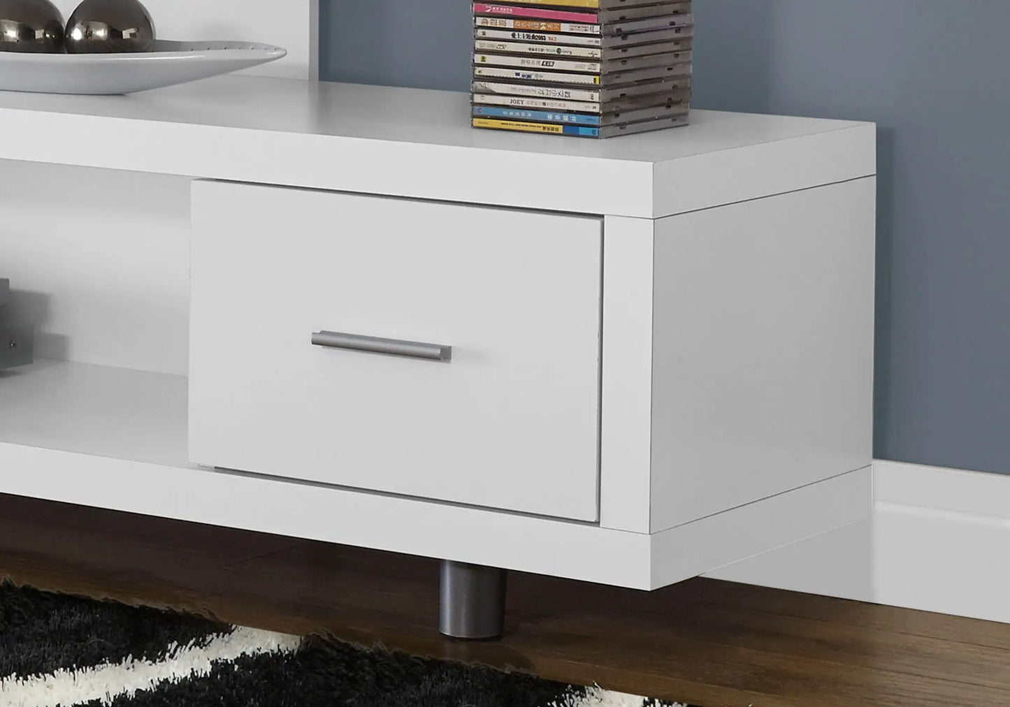 White TV stand with single silver handle drawer in a modern contemporary design on Tampa Home & Garden Store