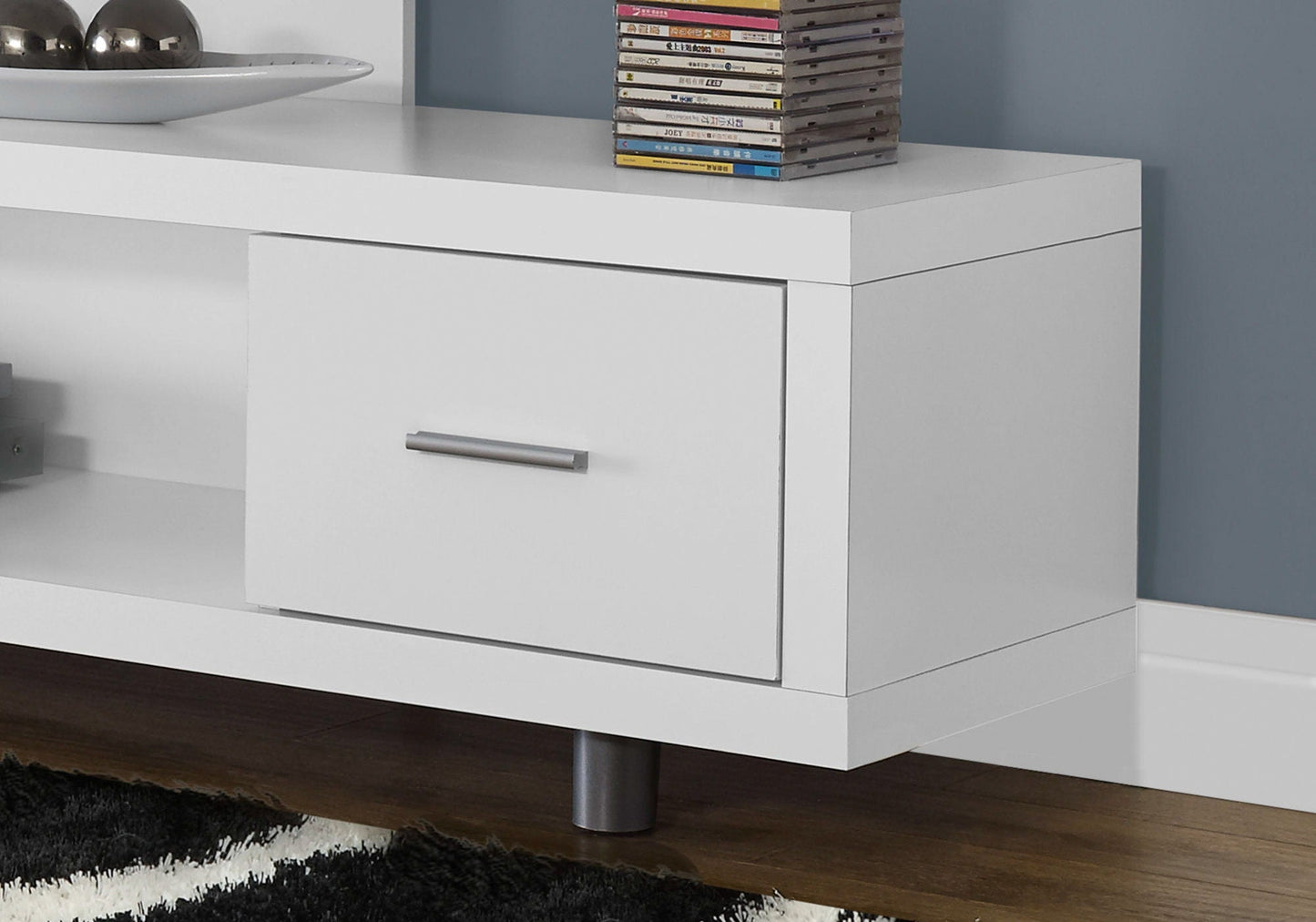 TV Stand by HouseOfZazla, white modern console with single wide drawer and metal handle on Tampa Home & Garden Store