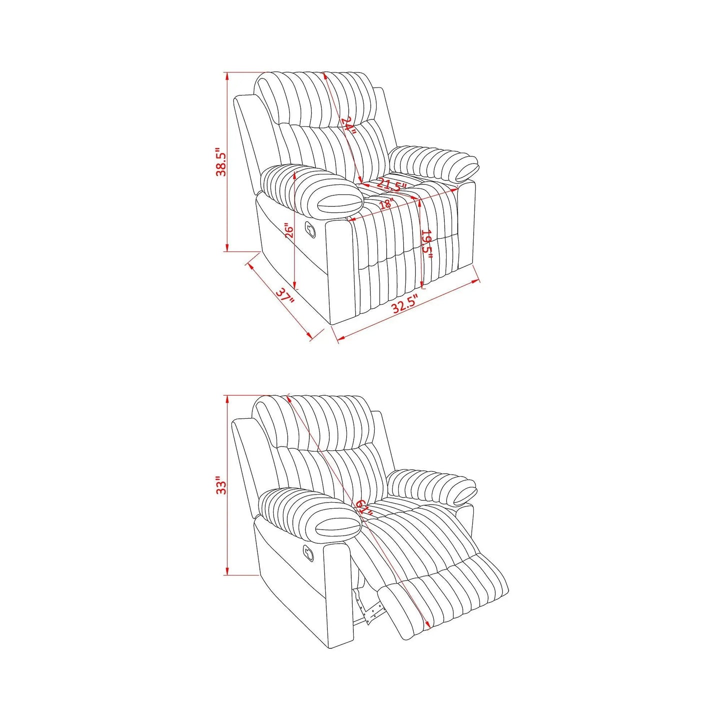 Bruni glider recliner with manual recline, blueprint dimensions, Unique Piece Furniture on Tampa Home & Garden Store