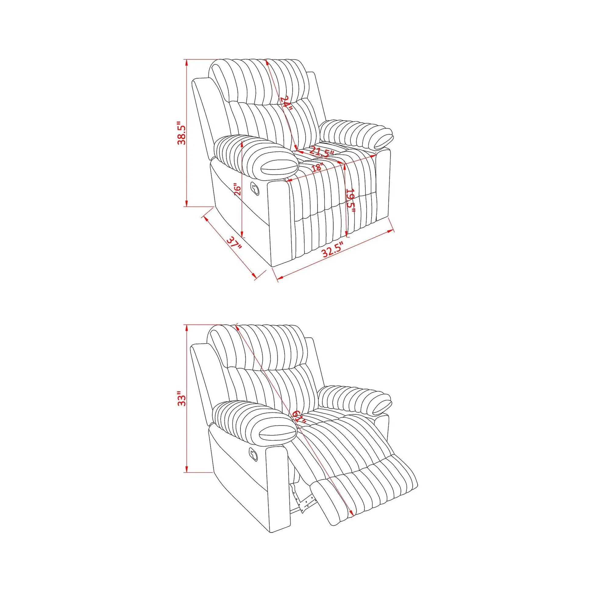 Bruni glider recliner with manual recline, blueprint dimensions, Unique Piece Furniture on Tampa Home & Garden Store