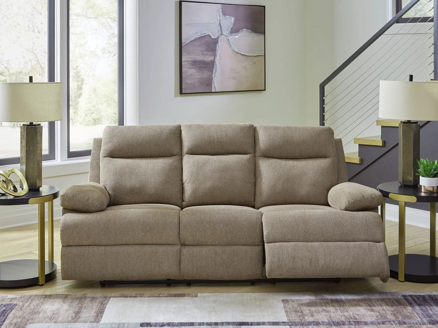 Side-Swipe reclining sofa with drop-down table, beige fabric upholstery, Unique Piece Furniture on Tampa Home & Garden Store