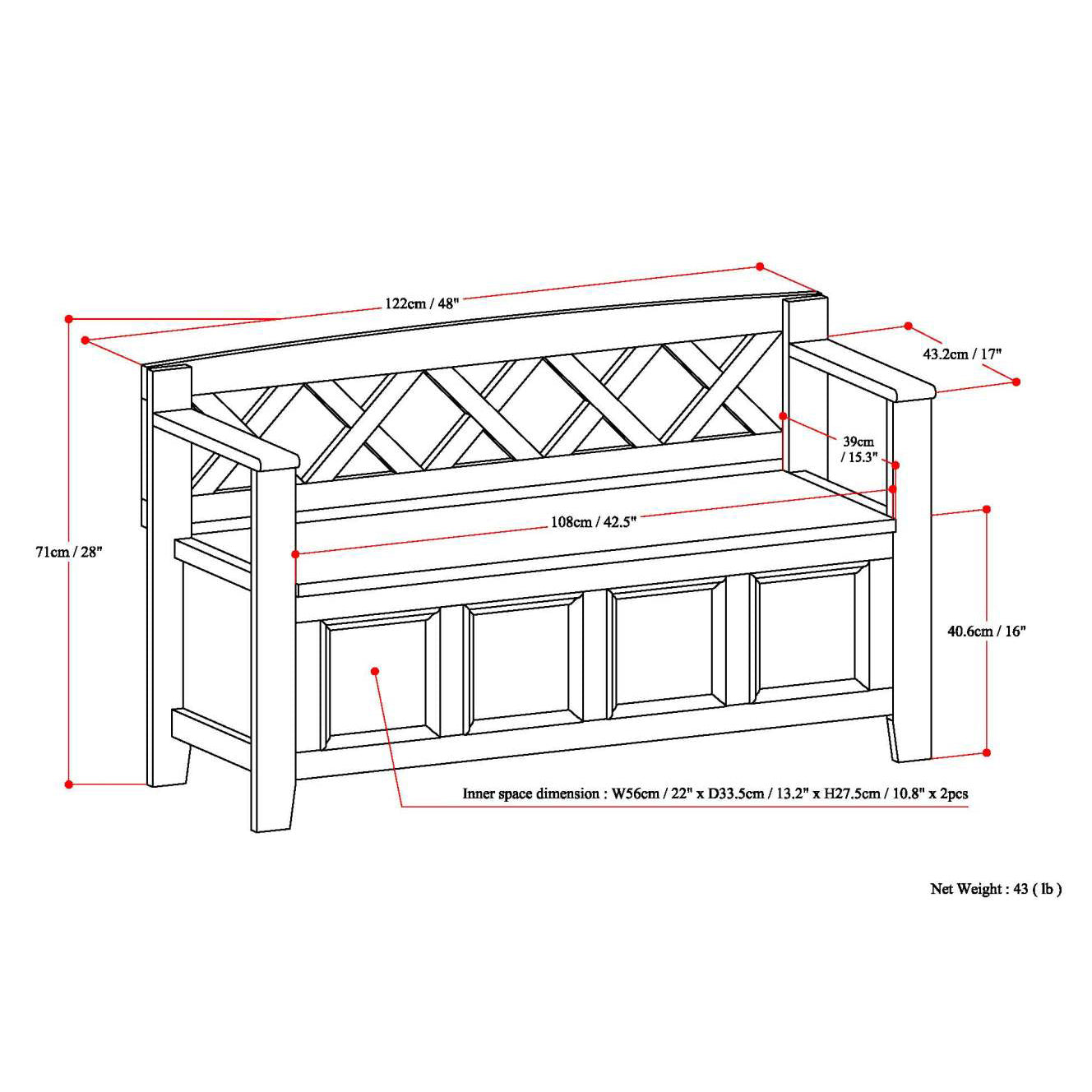 Amherst Solid Wood Entryway Storage Bench in White with lattice back, HouseOfZazla on Tampa Home & Garden Store