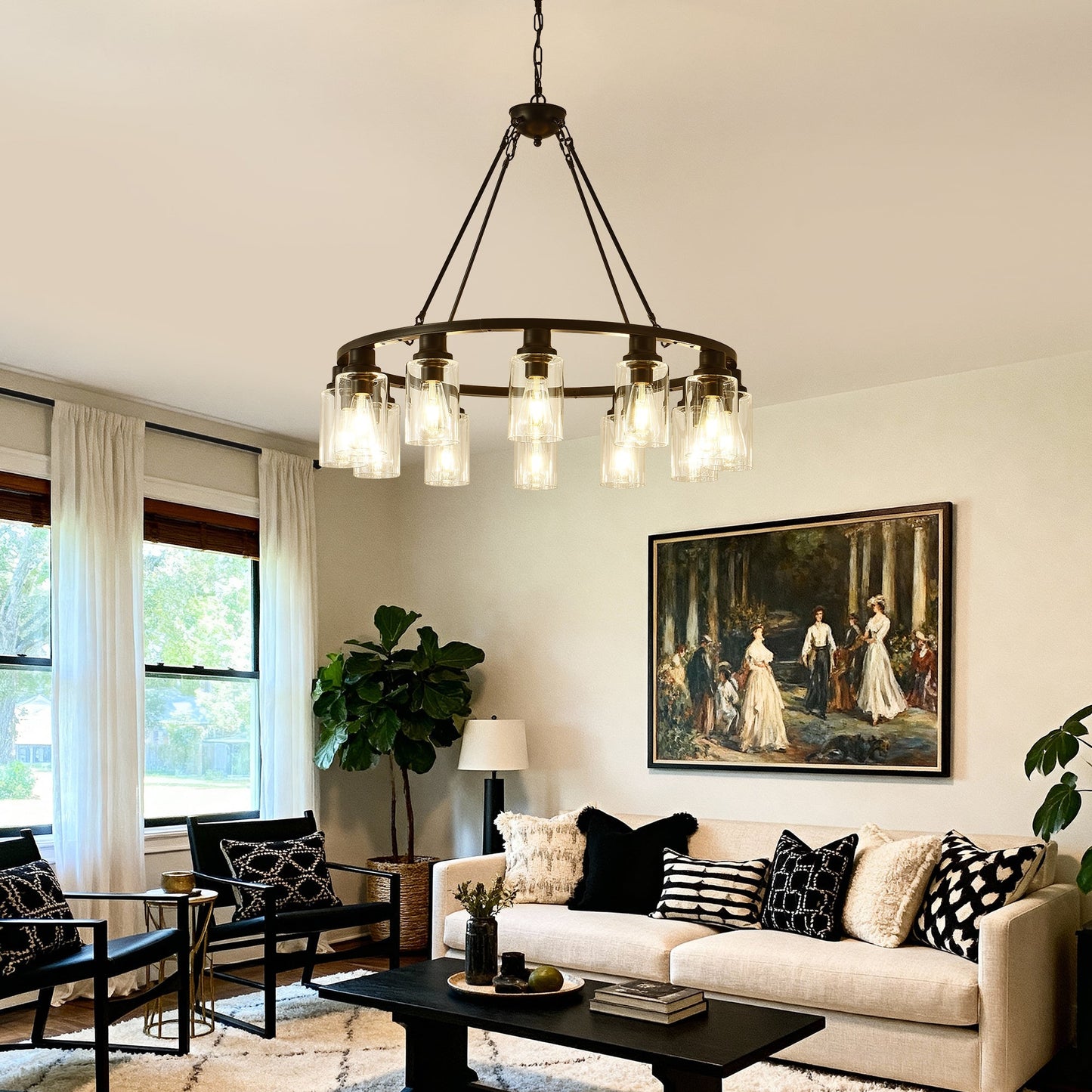 Black Wagon Wheel Chandelier, 31.5in modern farmhouse pendant with glass shades by HouseOfZazla on Tampa Home & Garden Store