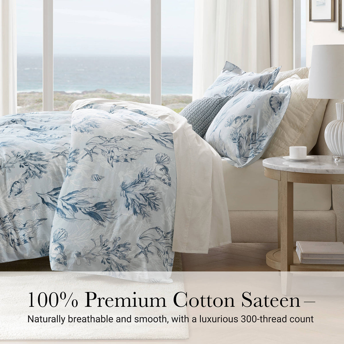 King 100% cotton sateen duvet cover set Navy/Blue with blue botanical print and matching shams on Tampa Home & Garden Store
