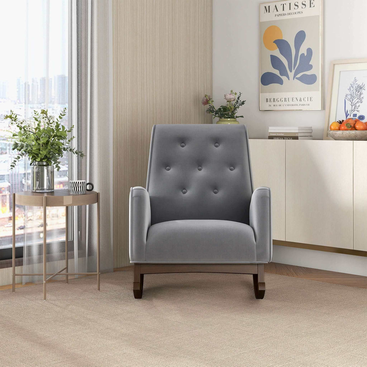 Demetrius solid wood rocking chair gray tufted fabric upholstery with wood rockers on Tampa Home & Garden Store