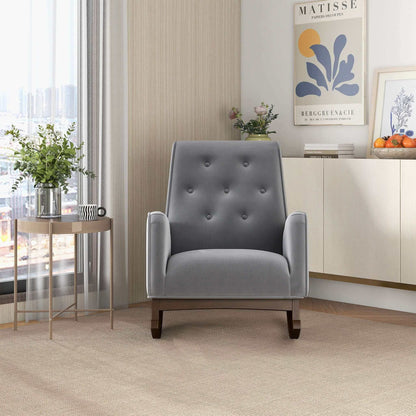 Demetrius solid wood rocking chair gray tufted fabric upholstery with wood rockers on Tampa Home & Garden Store