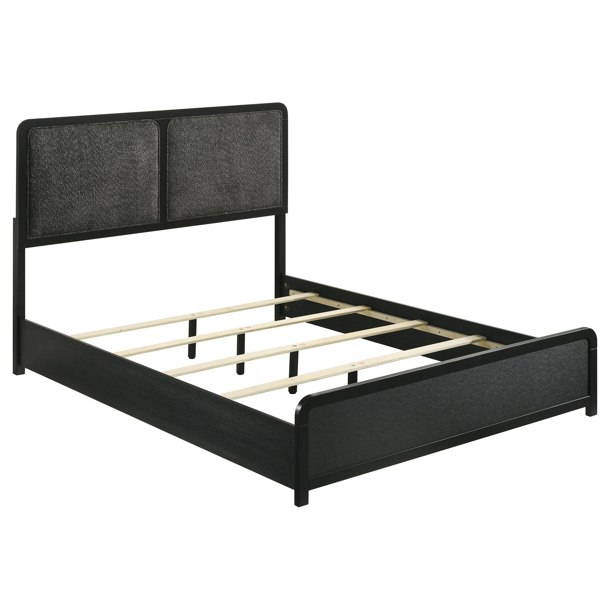 Burton bed with upholstered headboard, black metal frame and dark gray fabric panels on Tampa Home & Garden Store