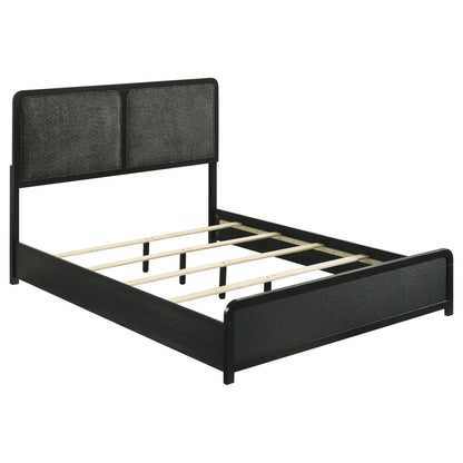 Burton bed with upholstered headboard, black metal frame and dark gray fabric panels on Tampa Home & Garden Store