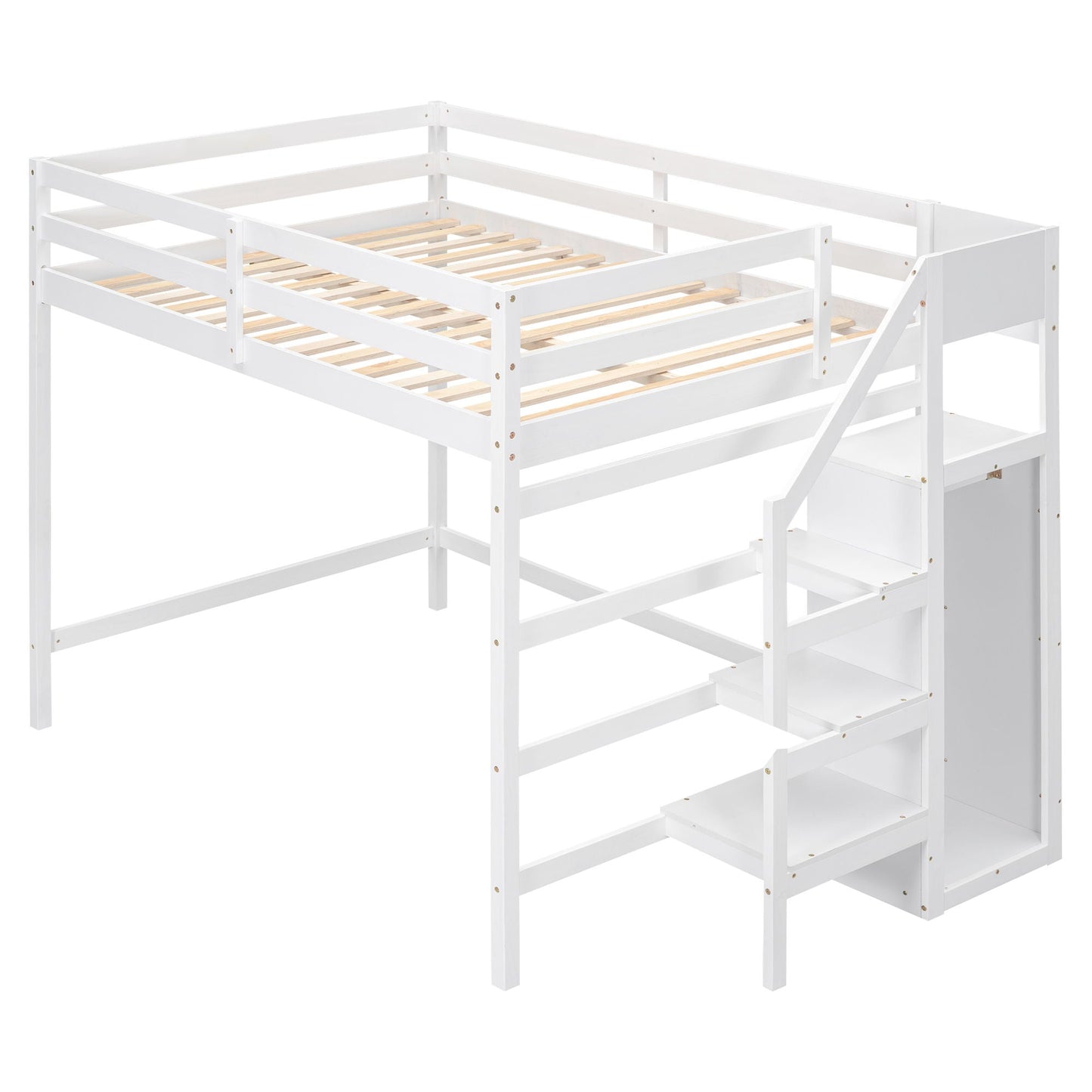 Loft bed with built-in wardrobe and staircase in white wood frame with slatted base on Tampa Home & Garden Store