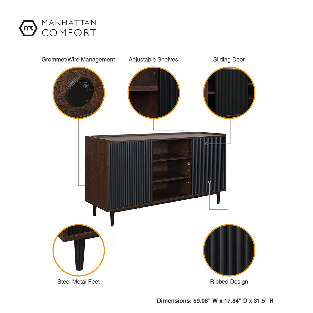 Fluted sideboard by Manhattan Comfort storage, ribbed doors, steel feet on Tampa Home & Garden Store