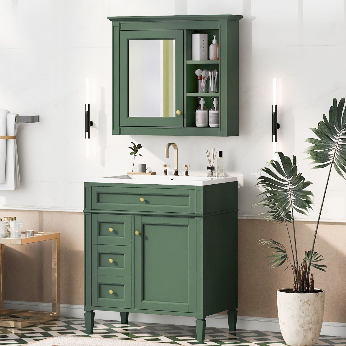 Bathroom vanity with medicine cabinet in green finish with mirror door and 4 drawers on Tampa Home & Garden Store