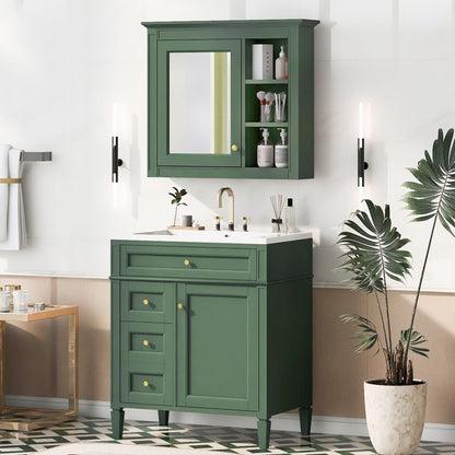 Bathroom vanity with medicine cabinet in green finish with mirror door and 4 drawers on Tampa Home & Garden Store