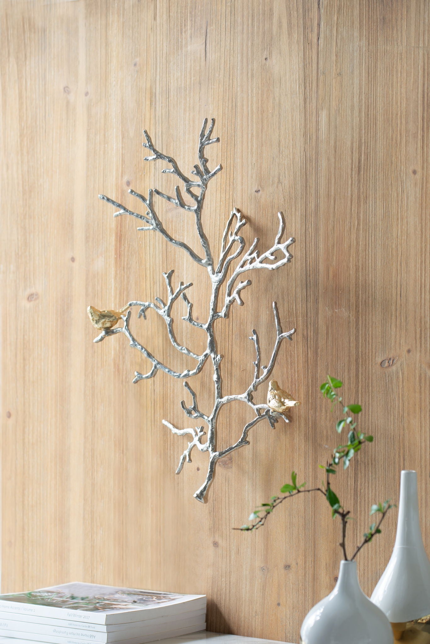 Metal branch wall sculpture set with bird accents in silver finish (2 pcs) for wall decor on Tampa Home & Garden Store