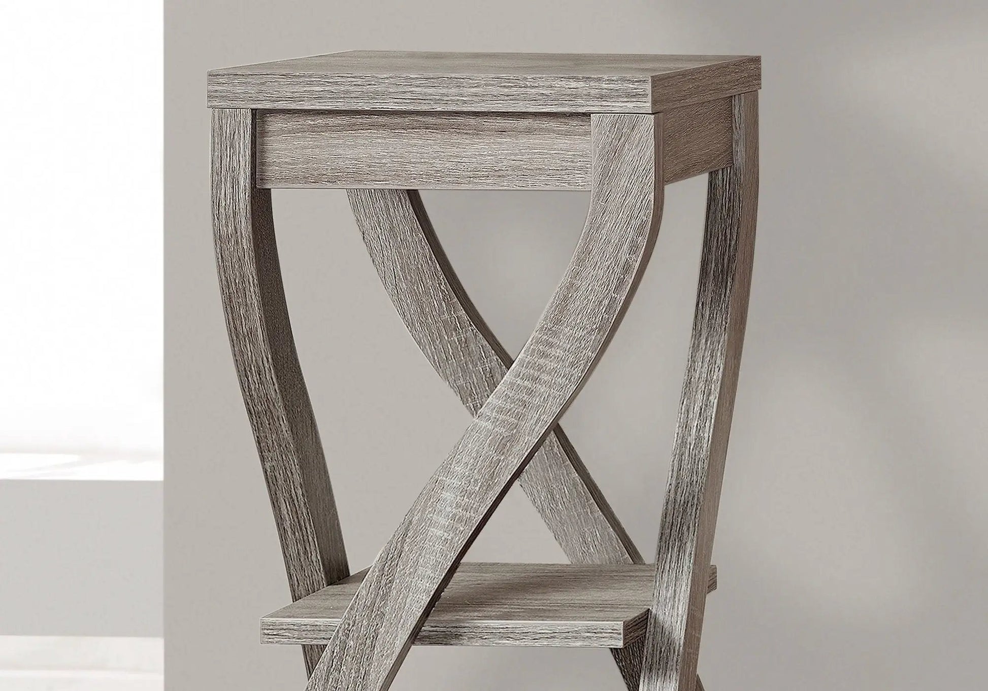 Accent table square top in weathered gray wood with crisscross legs Unique Piece Furniture on Tampa Home & Garden Store