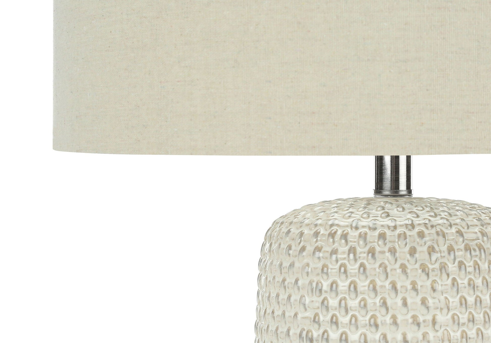 Contemporary Lighting Table Lamp in Cream Ceramic and Beige Fabric with textured cream ceramic base and beige shade on Tampa Home & Garden Store