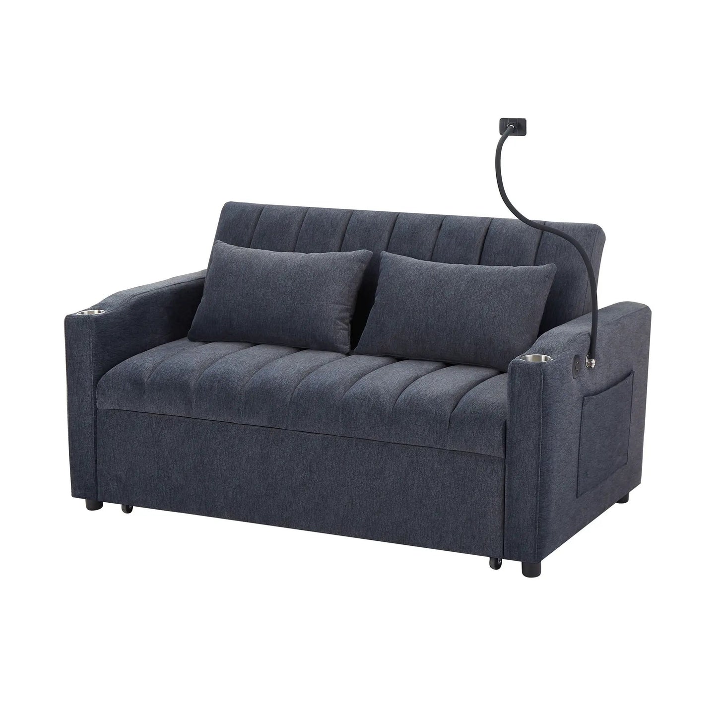 Unique Piece Furniture sleeper loveseat in dark blue fabric with cup holders and pocket storage on Tampa Home & Garden Store