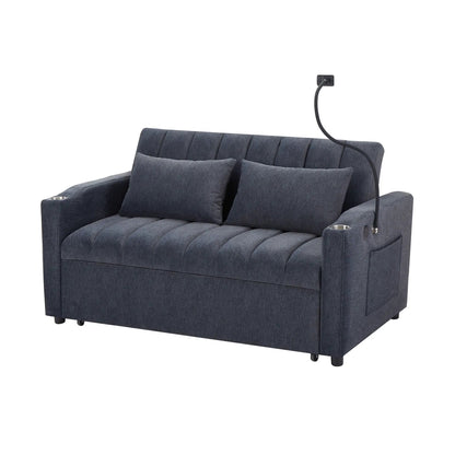 Unique Piece Furniture sleeper loveseat in dark blue fabric with cup holders and pocket storage on Tampa Home & Garden Store