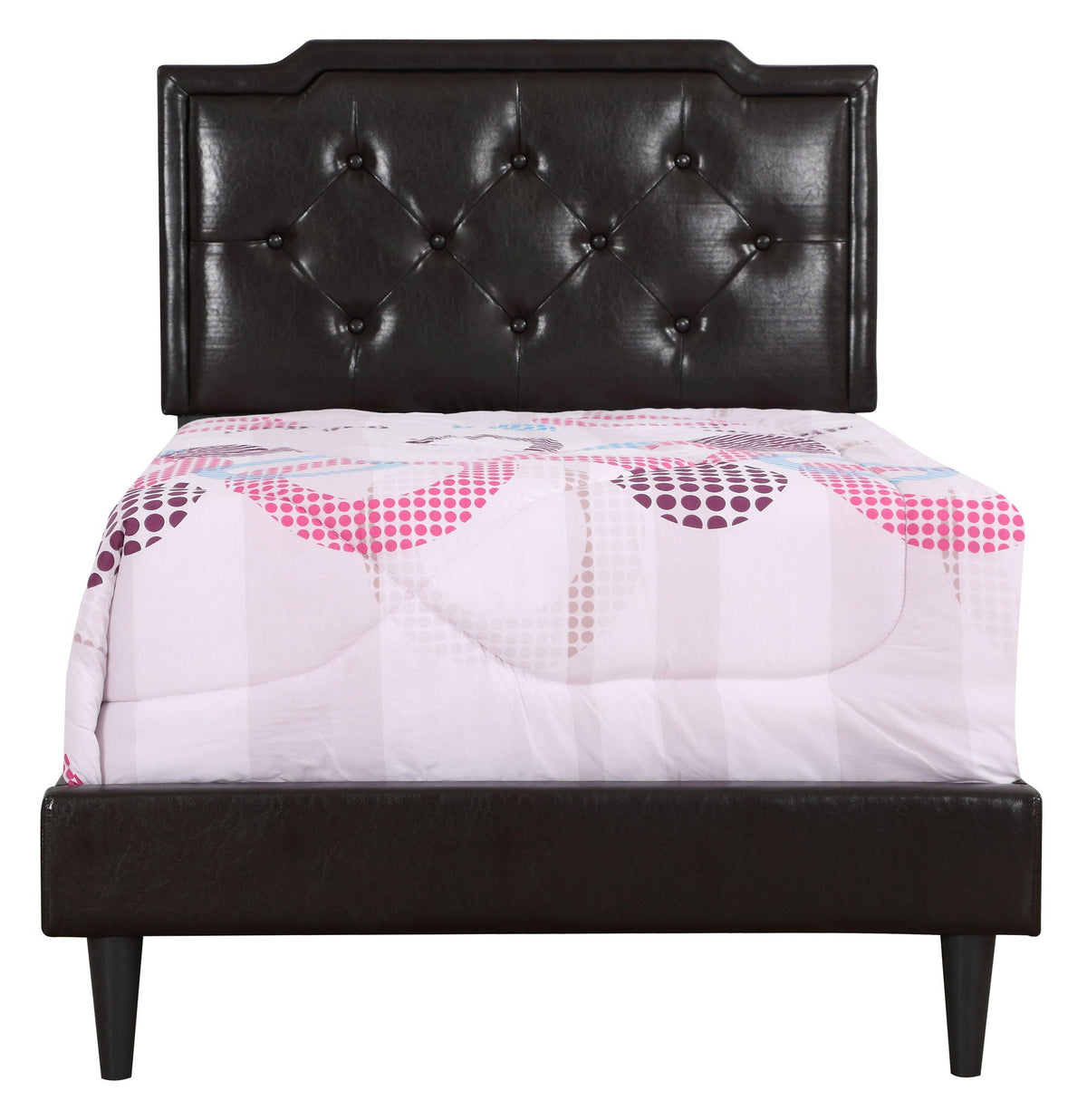 Button tufted bed in black leather with tufted headboard and dark legs; pink bedding on Tampa Home & Garden Store