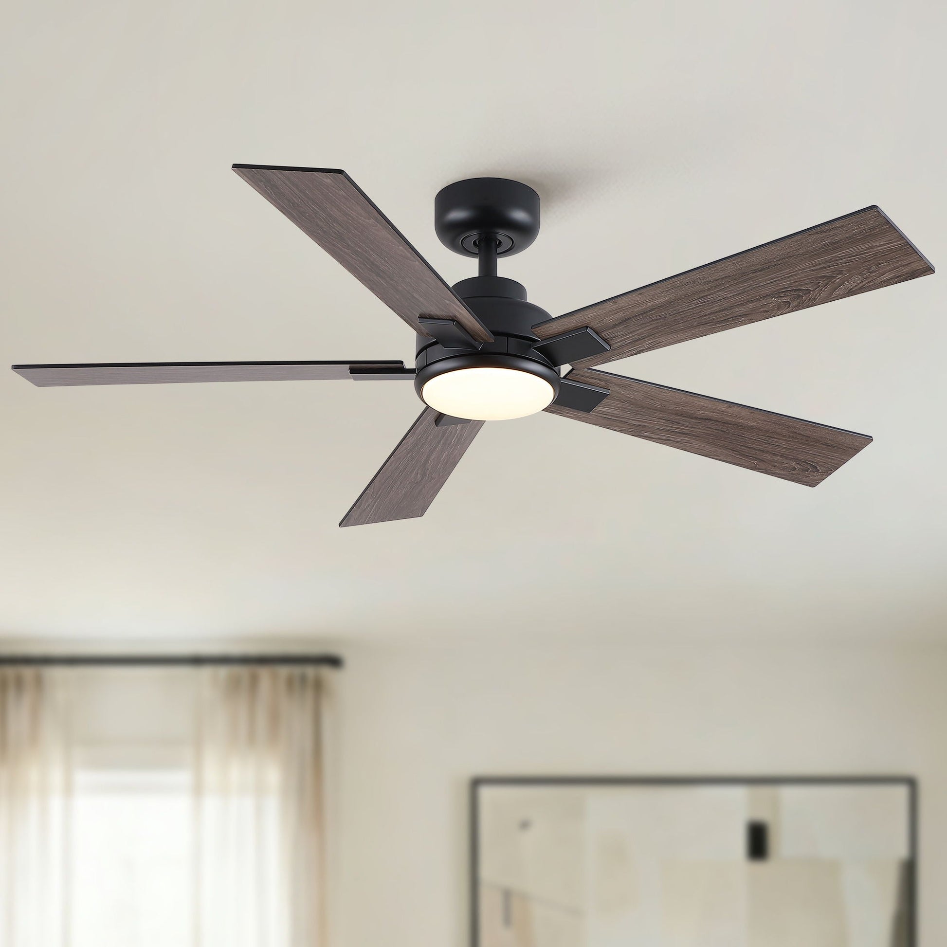 HouseOfZazla reversible motor ceiling fan with dimmable integrated LED light, dark wood blades on Tampa Home & Garden Store