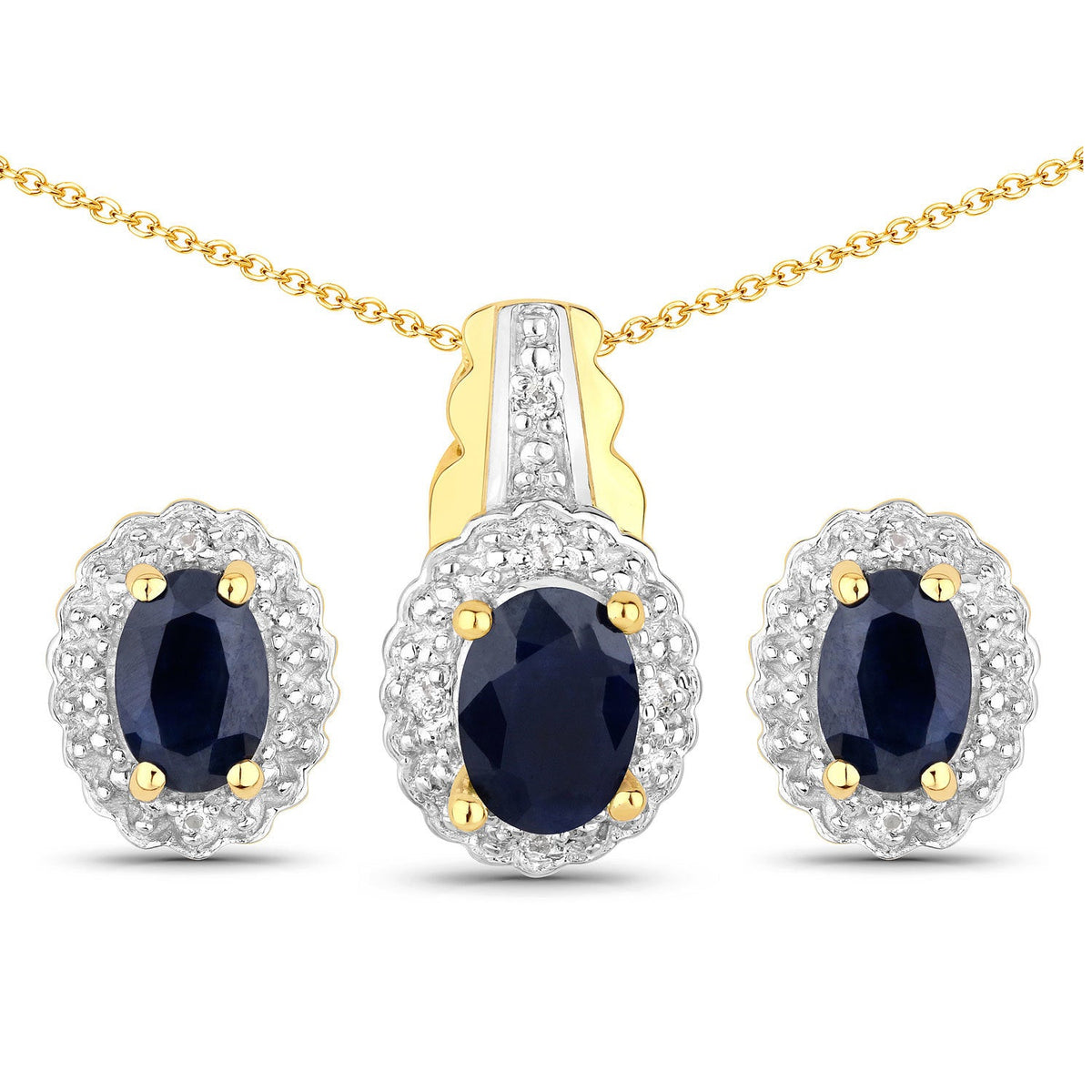 Gold-tone three-piece jewelry set with oval blue sapphire and white topaz halos pendant and earrings on Tampa Home & Garden Store
