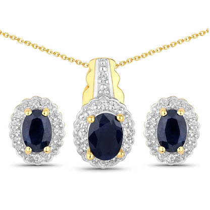 Gold-tone three-piece jewelry set with oval blue sapphire and white topaz halos pendant and earrings on Tampa Home & Garden Store