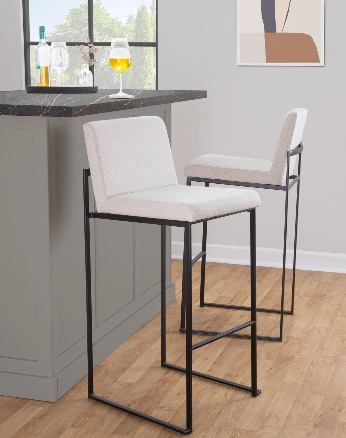 High-back contemporary barstool set beige fabric with black metal frames, 2 stools HouseOfZazla on Tampa Home & Garden Store