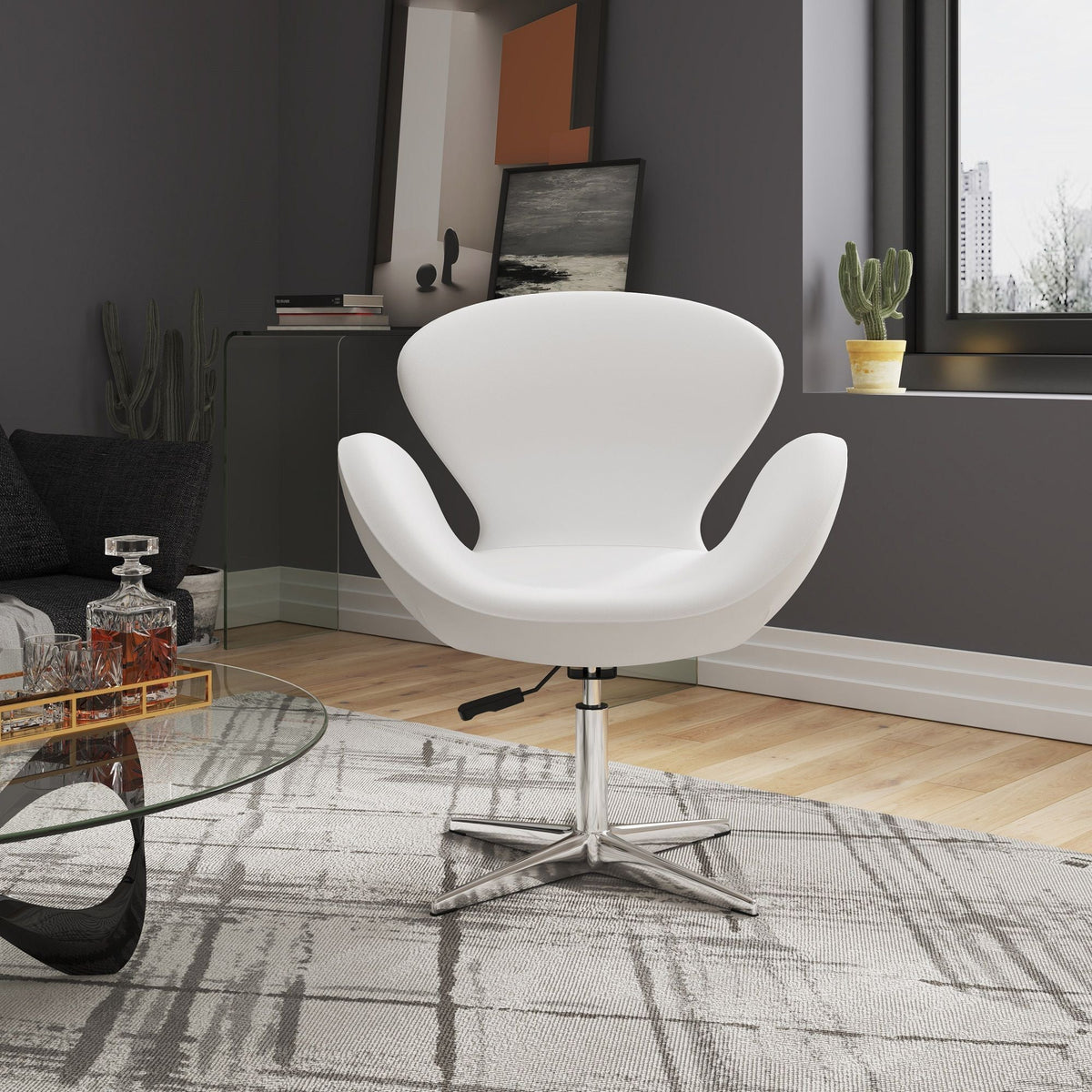 Raspberry Swivel Lounge Chair by HouseOfZazla, white shell, chrome base, 360° rotation on Tampa Home & Garden Store