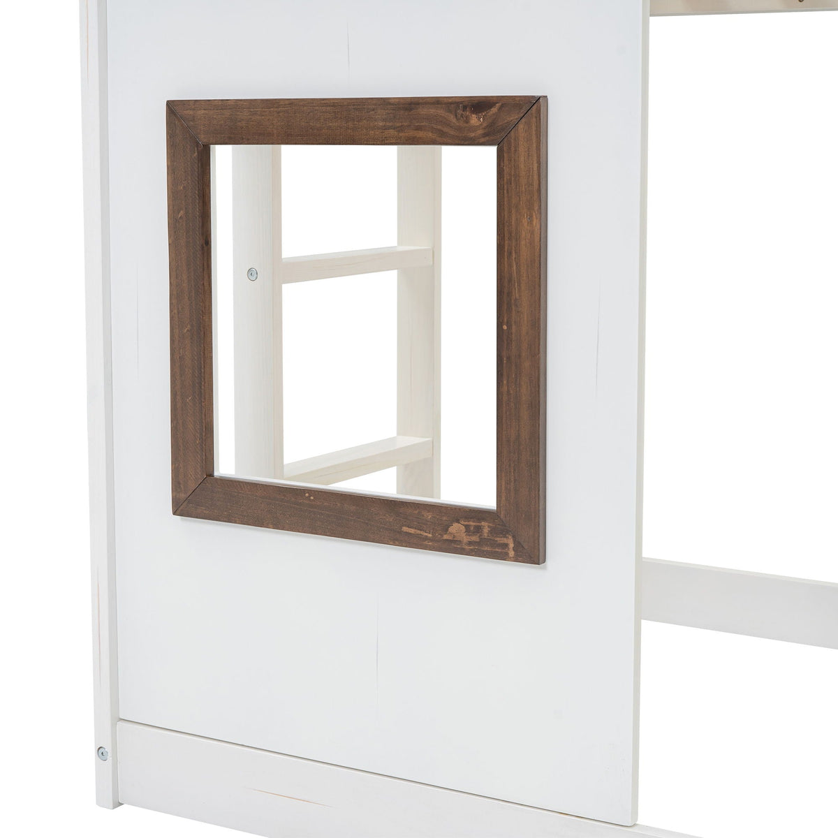 Wood twin-size bunk bed with white frame and brown window-frame inset accent on Tampa Home & Garden Store