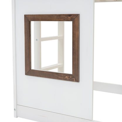 Wood twin-size bunk bed with white frame and brown window-frame inset accent on Tampa Home & Garden Store
