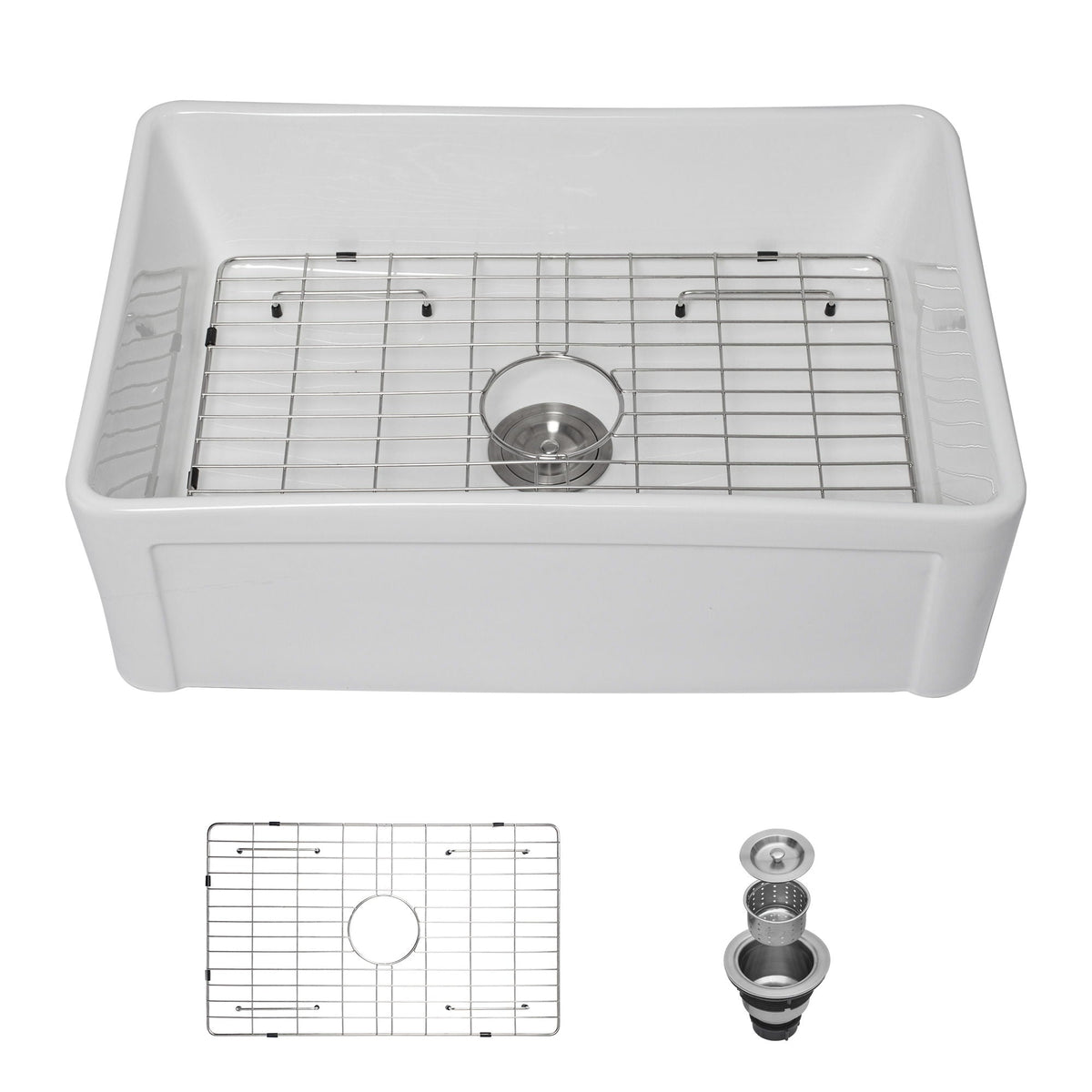 Apron Front reversible single bowl kitchen sink with grid and strainer by HouseOfZazla, white finish on Tampa Home & Garden Store