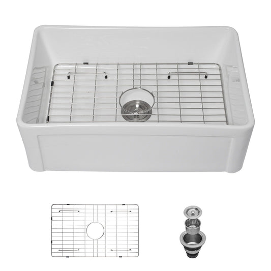 Apron Front reversible single bowl kitchen sink with grid and strainer by HouseOfZazla, white finish on Tampa Home & Garden Store