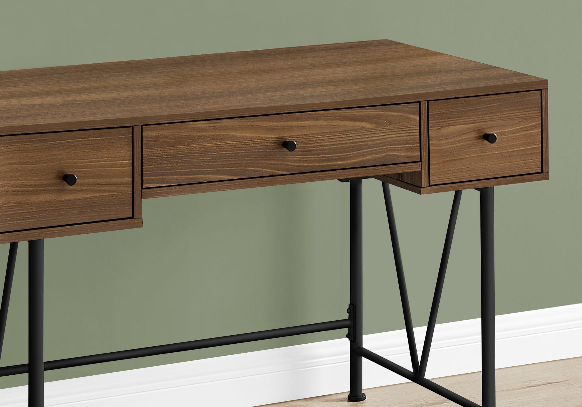 Writing desk in walnut wood with 3 drawers and black metal legs on Tampa Home & Garden Store
