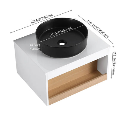 Floating bathroom vanity with glossy round black vessel sink, white cabinet on Tampa Home & Garden Store