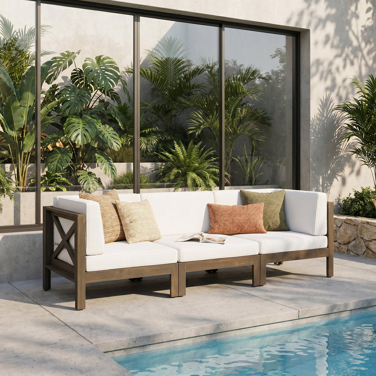 Brava X-Back 3 Seater Outdoor Sectional Sofa Set white cushions with dark brown wood frame on Tampa Home & Garden Store