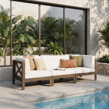 Brava X-Back 3 Seater Outdoor Sectional Sofa Set white cushions with dark brown wood frame on Tampa Home & Garden Store
