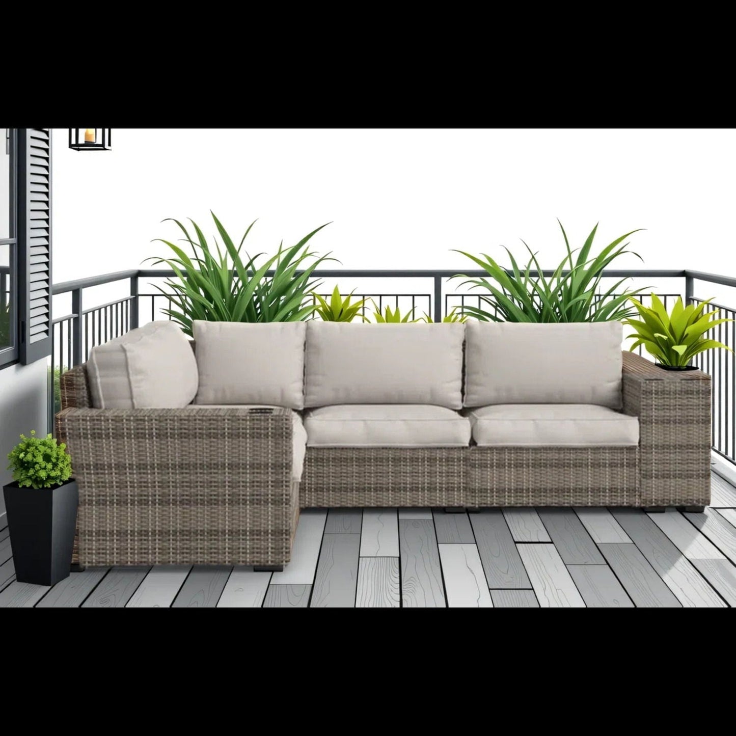 Wide Outdoor Wicker Sectional and Gray Cushions