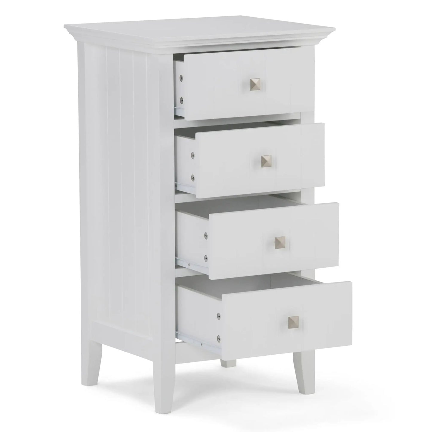 Acadian 4-Drawer Floor Storage Cabinet Pure White with beadboard sides and gold square knobs on Tampa Home & Garden Store