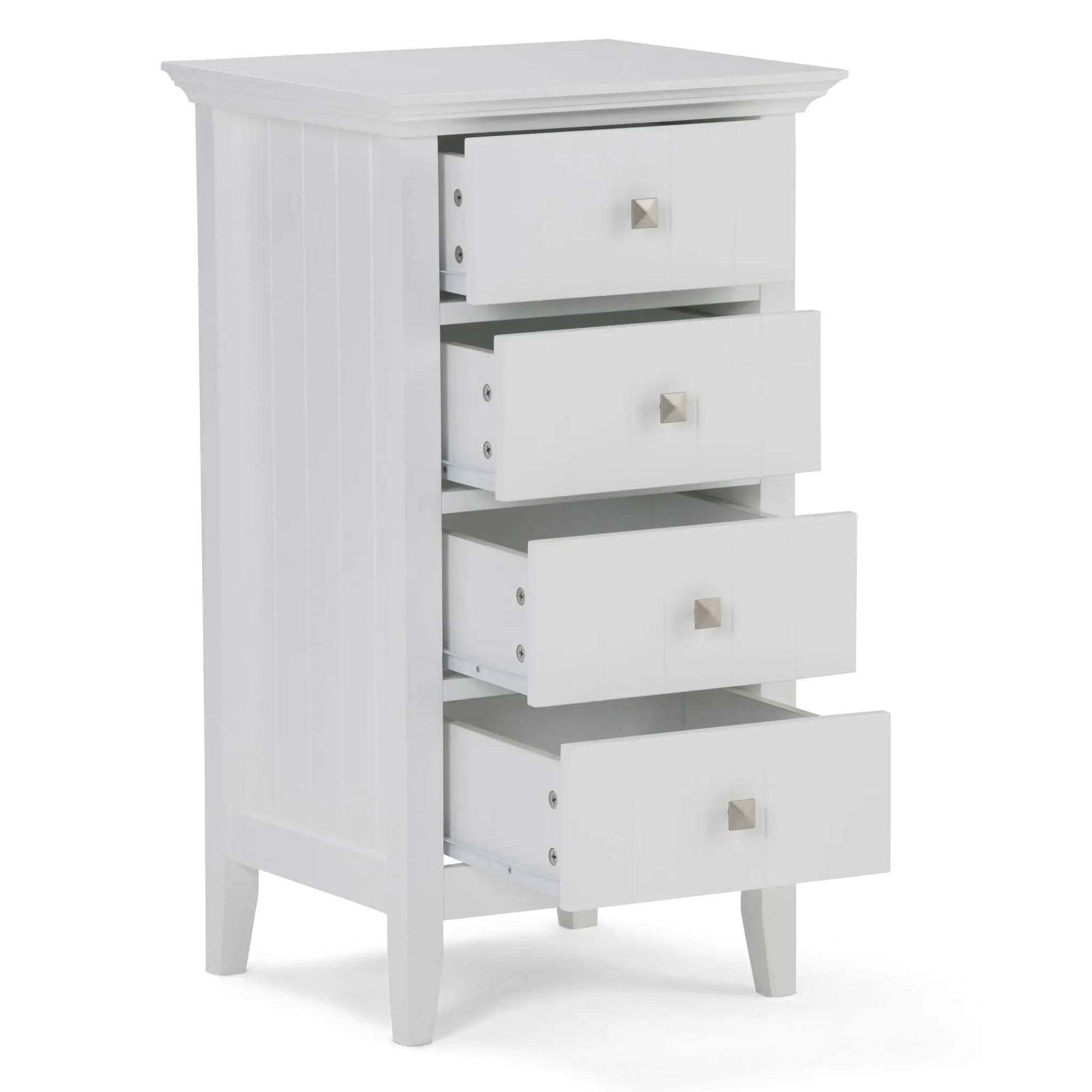 Acadian 4-Drawer Floor Storage Cabinet Pure White with beadboard sides and gold square knobs on Tampa Home & Garden Store