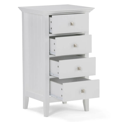 Acadian 4-Drawer Floor Storage Cabinet Pure White with beadboard sides and gold square knobs on Tampa Home & Garden Store