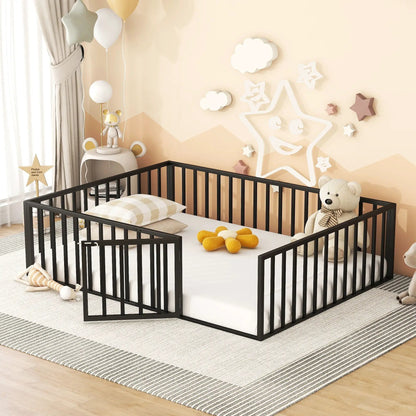 Metal floor bed frame with fence and door in black metal rails Unique Piece Furniture on Tampa Home & Garden Store