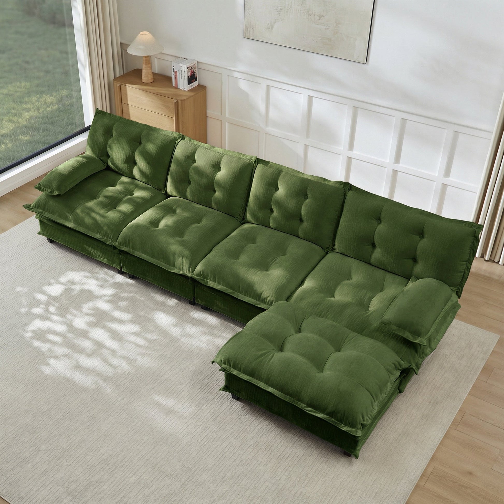 138in L-shaped modern sofa modular sectional cloud couch with ottoman, green tufted fabric by HouseOfZazla on Tampa Home & Garden Store