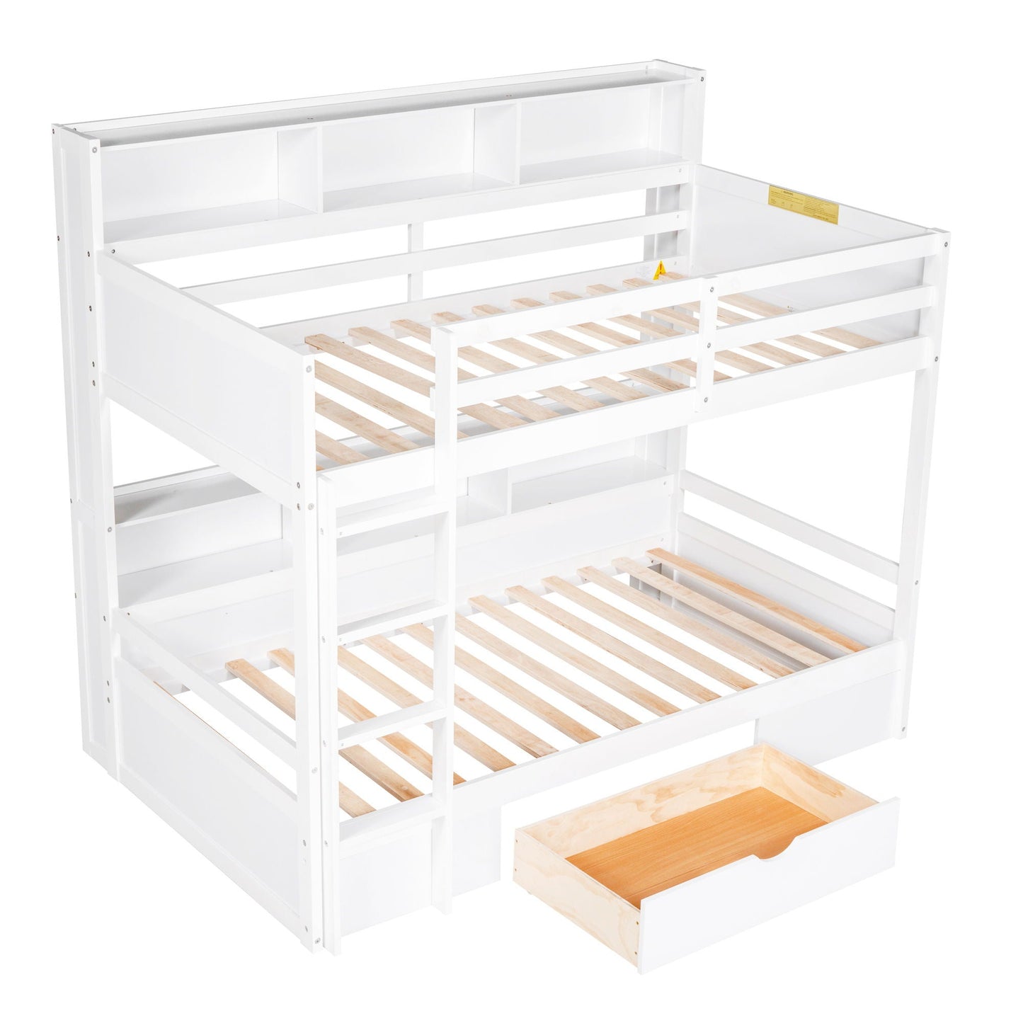 Twin size bunk bed with built-in side shelves and under-bed storage drawer, white finish on Tampa Home & Garden Store