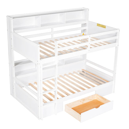 Twin size bunk bed with built-in side shelves and under-bed storage drawer, white finish on Tampa Home & Garden Store